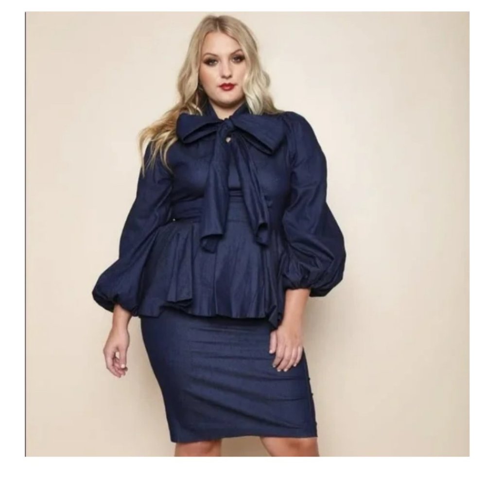 Eien Long Sleeve Denim Peplum Bow Dress Sz 1XL